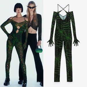 ZARA NWT The Spider Halloween Collection Jumpsuit Black / Green
